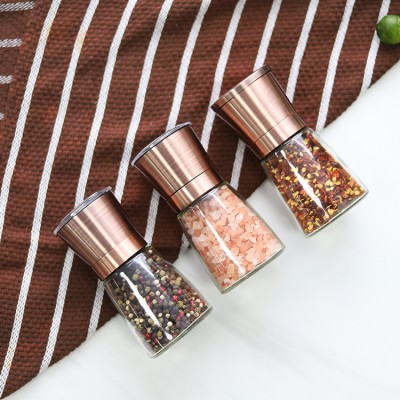 Amazon Supplier Factory Golden Copper Manual Spice Mill Salt and Pepper Grinder with Glass Bottles